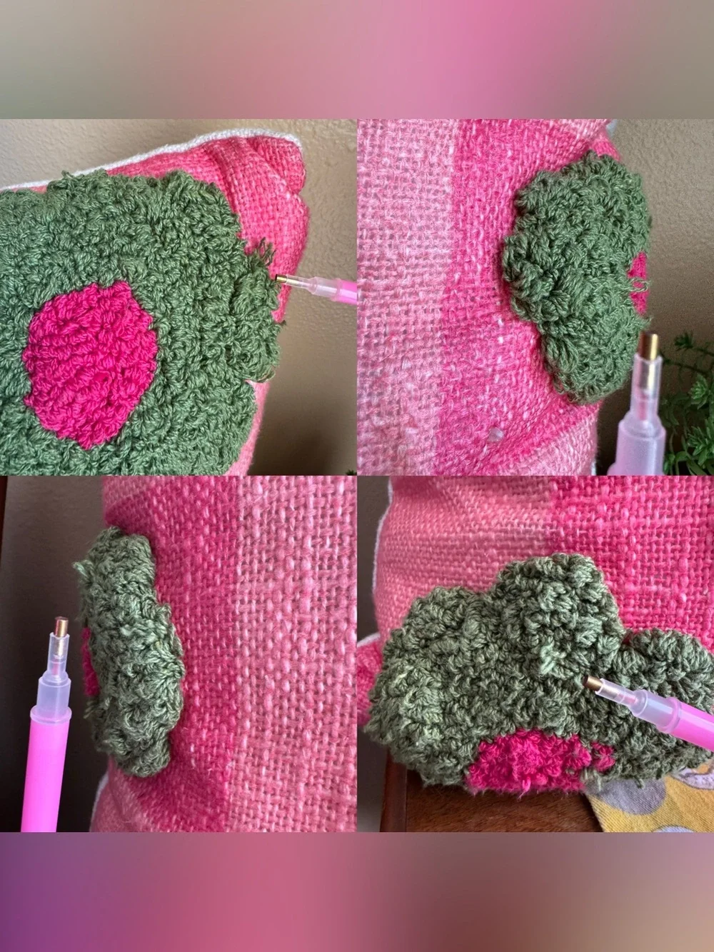 Tuft checkerboard green and pink floral pillow